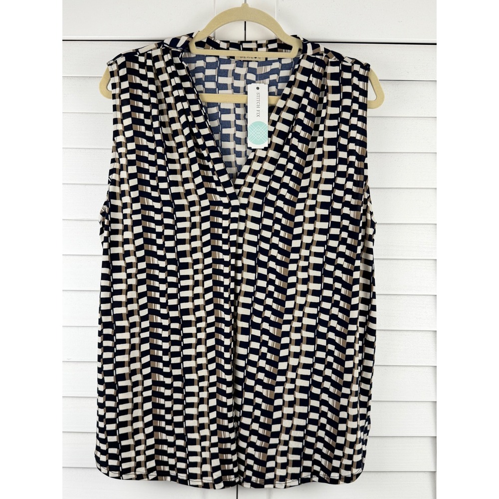 Beacon Alicia Pleat Detail Knit Top XL Black Geometric Sleeveless NEW